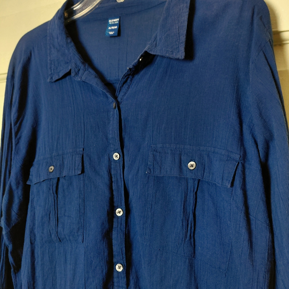 Old Navy Cotton Half Button Down Shirt Navy Blue W/Pockets Long Sleeve Size XL - Picture 3 of 7